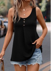 Button Scoop Neck Black Tank Top