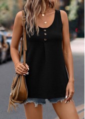 Button Scoop Neck Black Tank Top