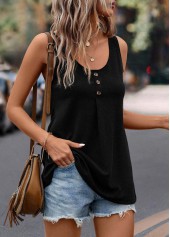 Button Scoop Neck Black Tank Top