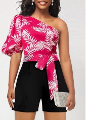 Plants Print Hot Pink Belted Bowknot Romper
