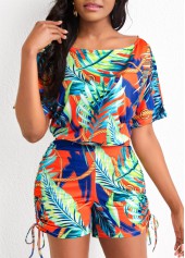 Leaf Print Drawstring Multi Color Romper