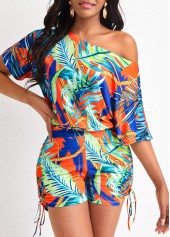 Leaf Print Drawstring Multi Color Romper