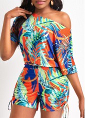 Leaf Print Drawstring Multi Color Romper