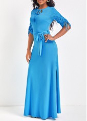 Drawstring Belted Light Blue Maxi Dress