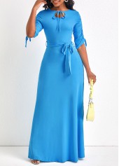 Drawstring Belted Light Blue Maxi Dress