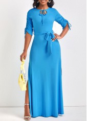 Drawstring Belted Light Blue Maxi Dress