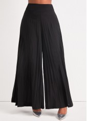 Pleated Black Elastic Waist Wide Leg Pants