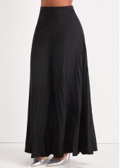 Pleated Black Elastic Waist Wide Leg Pants