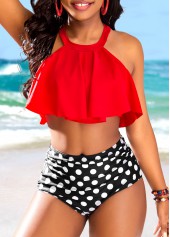 High Waisted Polka Dot Ruffle Red Bikini Set