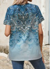 Tribal Print Button Blue Split Neck T Shirt