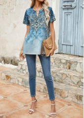 Tribal Print Button Blue Split Neck T Shirt