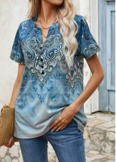 Tribal Print Button Blue Split Neck T Shirt