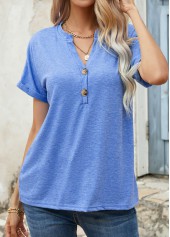 Blue Split Neck Short Sleeve Button T Shirt