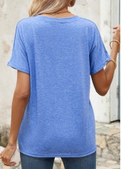 Blue Split Neck Short Sleeve Button T Shirt