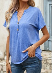 Blue Split Neck Short Sleeve Button T Shirt