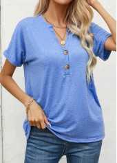 Blue Split Neck Short Sleeve Button T Shirt
