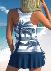 Tropical Plants Print Fake 2in1 Navy Tankini Set