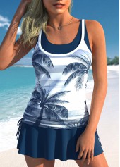 Tropical Plants Print Fake 2in1 Navy Tankini Set