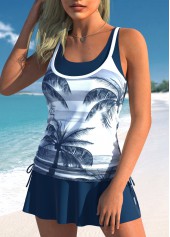 Tropical Plants Print Fake 2in1 Navy Tankini Set