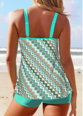 Tribal Print Double Straps Cyan Tankini Set