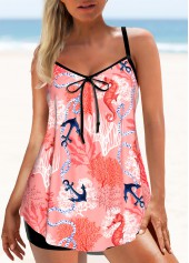 Tropical Plants Print Bowknot Coral Red Tankini Set