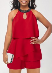 Red Round Neck Sleeveless Asymmetry Romper