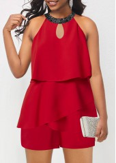 Red Round Neck Sleeveless Asymmetry Romper