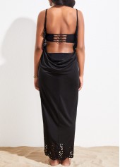 Spaghetti Strap Scalloped Hem Black Cover Up