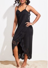 Spaghetti Strap Scalloped Hem Black Cover Up