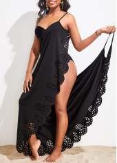 Spaghetti Strap Scalloped Hem Black Cover Up