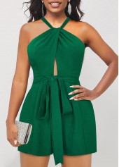 Tie Belted Green Halter Sleeveless Romper