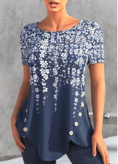 Floral Print Asymmetry Denim Blue T Shirt