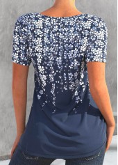 Floral Print Asymmetry Denim Blue T Shirt