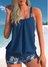Leaf Print Fake 2in1 Peacock Blue Tankini Top-No Bottom