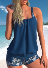 Leaf Print Fake 2in1 Peacock Blue Tankini Top-No Bottom