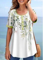 Floral Print Contrast Binding Light Green T Shirt