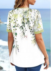 Floral Print Contrast Binding Light Green T Shirt