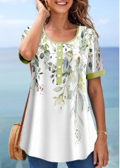 Floral Print Contrast Binding Light Green T Shirt