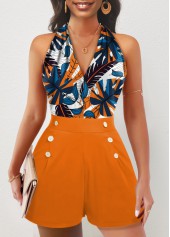 Leaf Print Button Multi Color Halter Romper