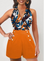 Leaf Print Button Multi Color Halter Romper