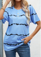 Striped Button Light Blue Round Neck T Shirt