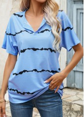 Striped Button Light Blue Round Neck T Shirt