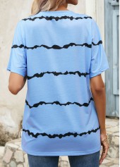 Striped Button Light Blue Round Neck T Shirt