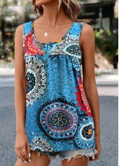 Tribal Print Button Light Blue Tank Top