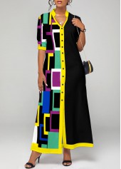 Geometric Print Contrast Binding Black Maxi Dress