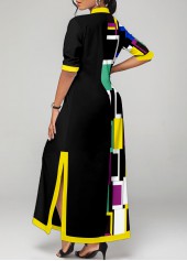 Geometric Print Contrast Binding Black Maxi Dress