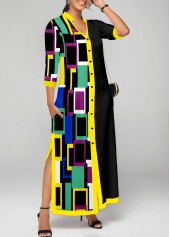 Geometric Print Contrast Binding Black Maxi Dress