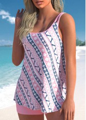 Double Straps Tribal Print Light Pink Tankini Set