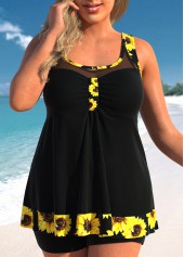 Black Plus Size Sunflower Print Patchwork Tankini Set