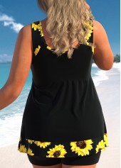 Black Plus Size Sunflower Print Patchwork Tankini Set